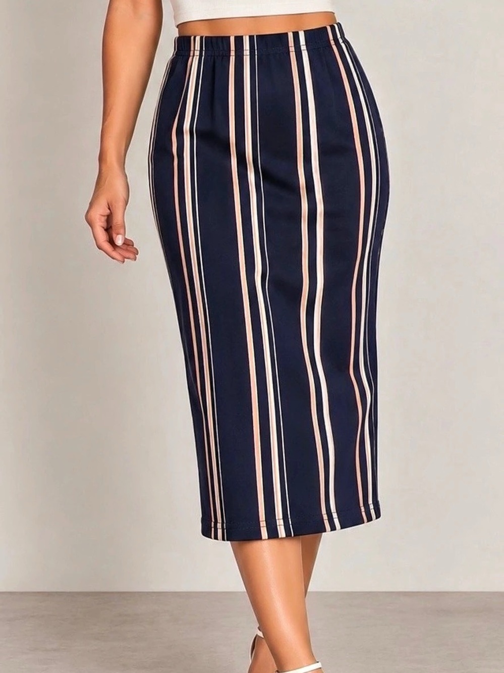 SHEIN Navy Striped Midi Pencil Skirt Size M